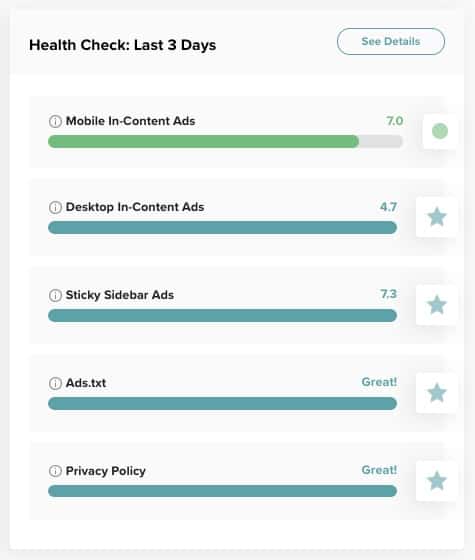 screenshot of Mediavine dashboard health checks