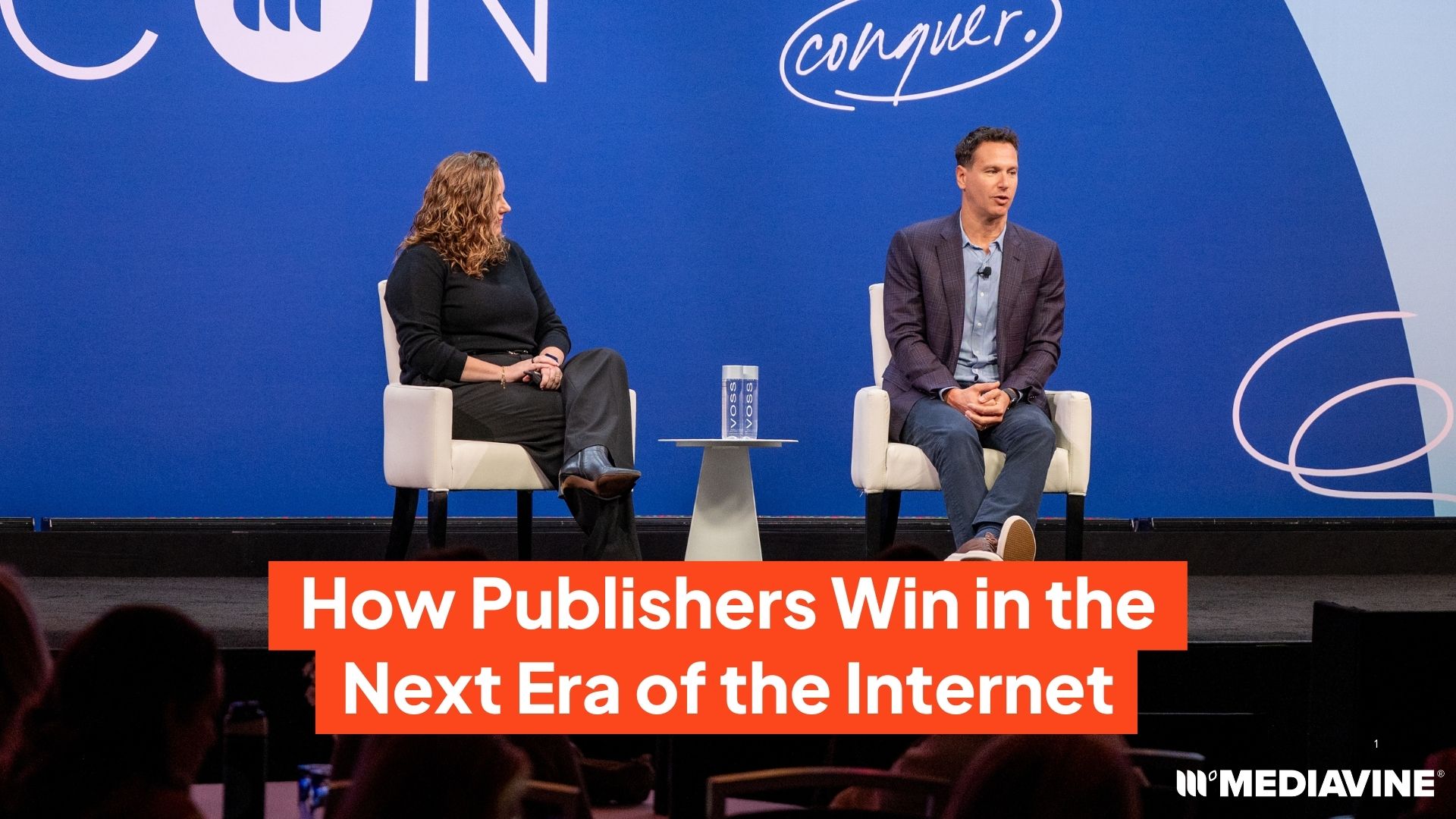 Photograph of Mediavine's Eric Hochberger and Amanda Martin on stage at MVCon 2025.