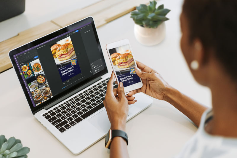person making a webstory and previewing on the phone