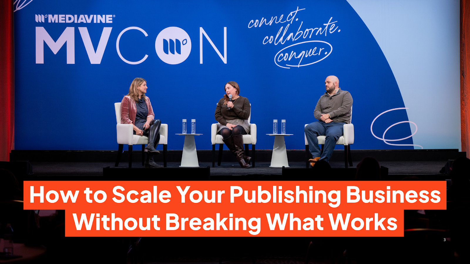 Photograph of Jenny Guy, Dorothy Kern, and Don Miner on stage at MVCon 2025. The title is How to Scale Your Publishing Business Without Breaking What Works.