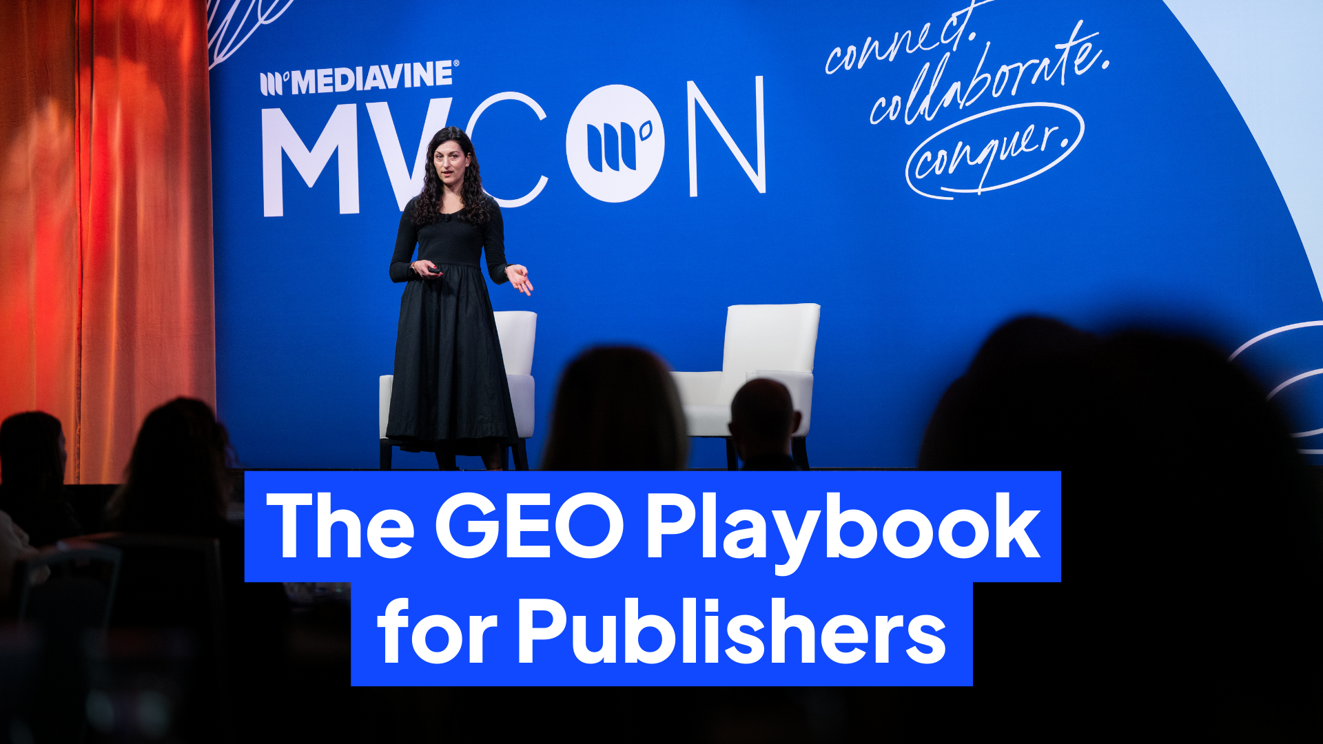 Graphic of Jaclyn Ranere on stage. Title is The GEO Playbook for Publishers